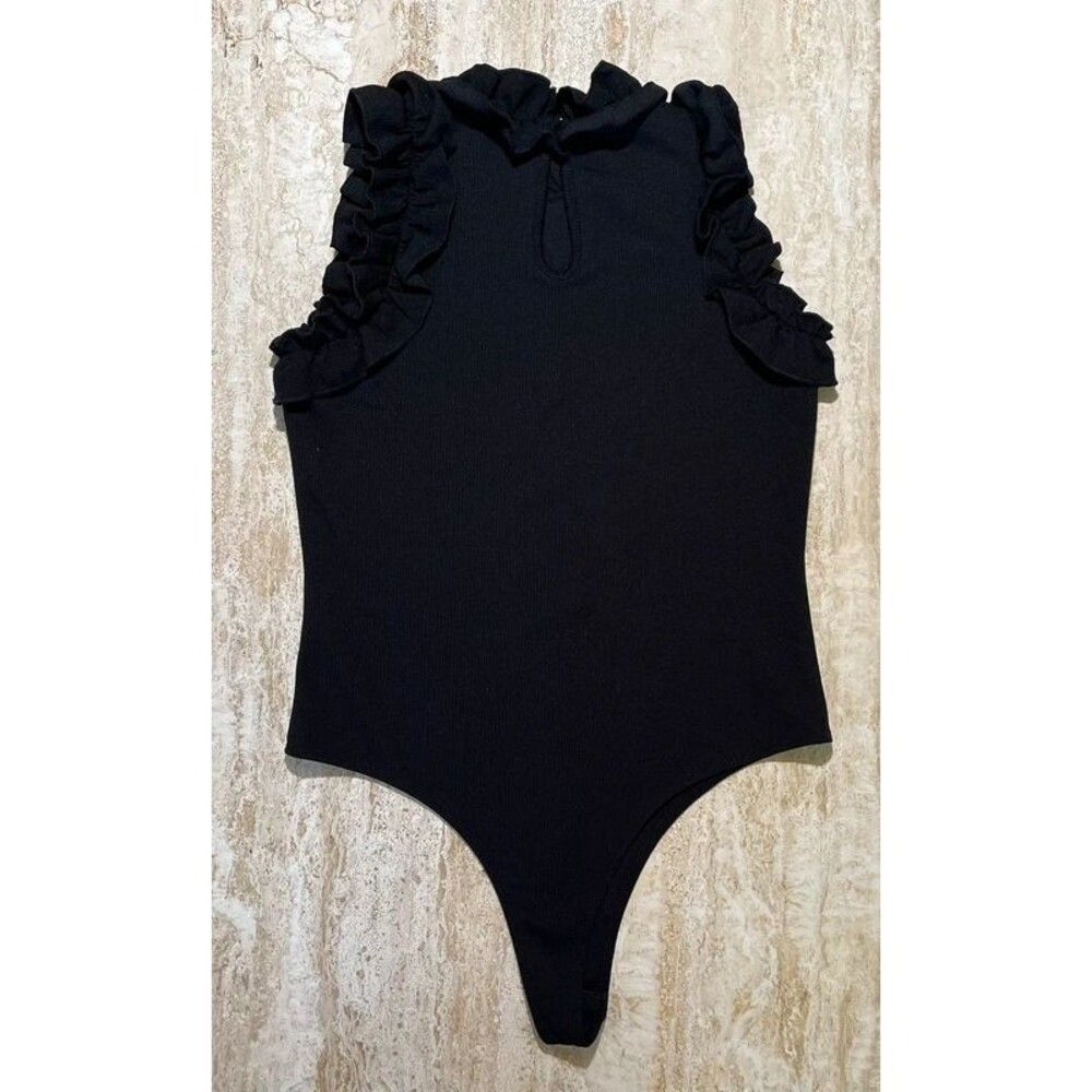 TCEC Black Ribbed Ruffle Bodysuit Large Romantic Goth - Picture 7 of 10